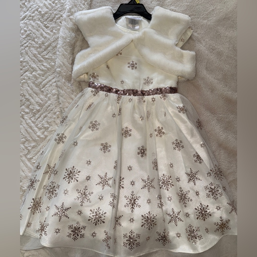 White Kids Snowflake Dress with Faux Fur Bolero